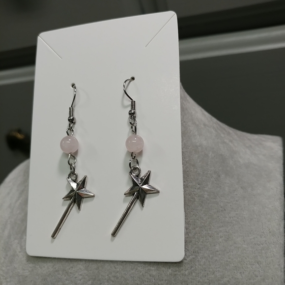 Magic Wand Earrings Natural Rose Quartz Gemstone Crystal Bead Stainless-Steel - Picture 10 of 12